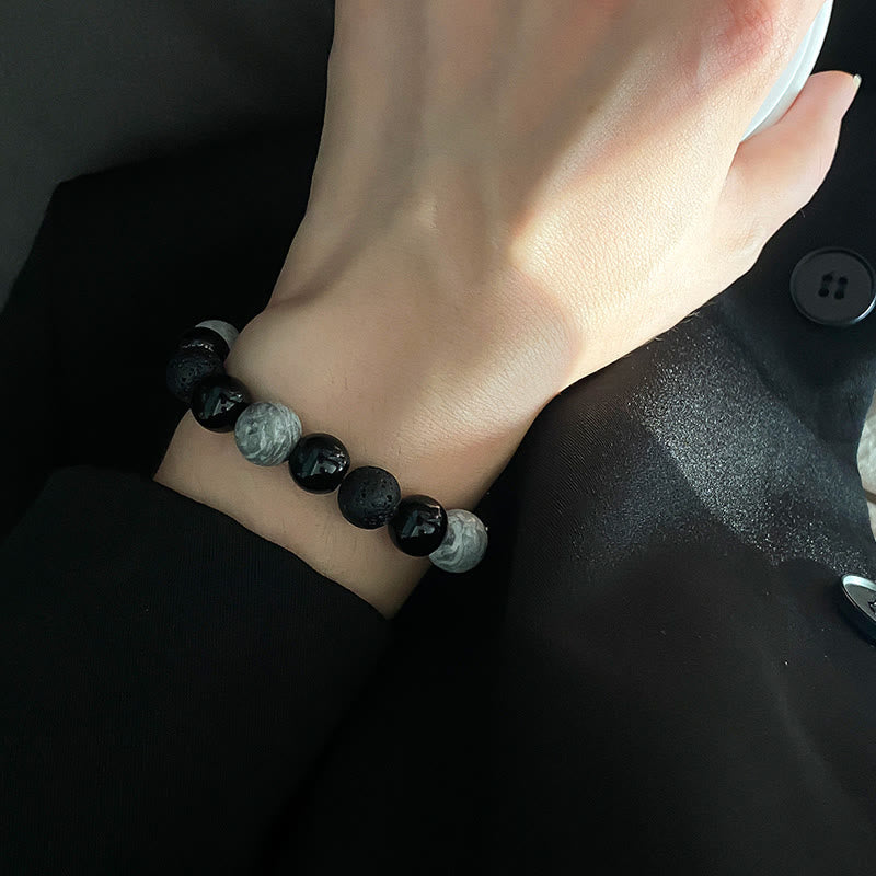 Wear FengShui Vintage Lava Rock Black Obsidian Picasso Jasper Beads Support Rope Bracelet