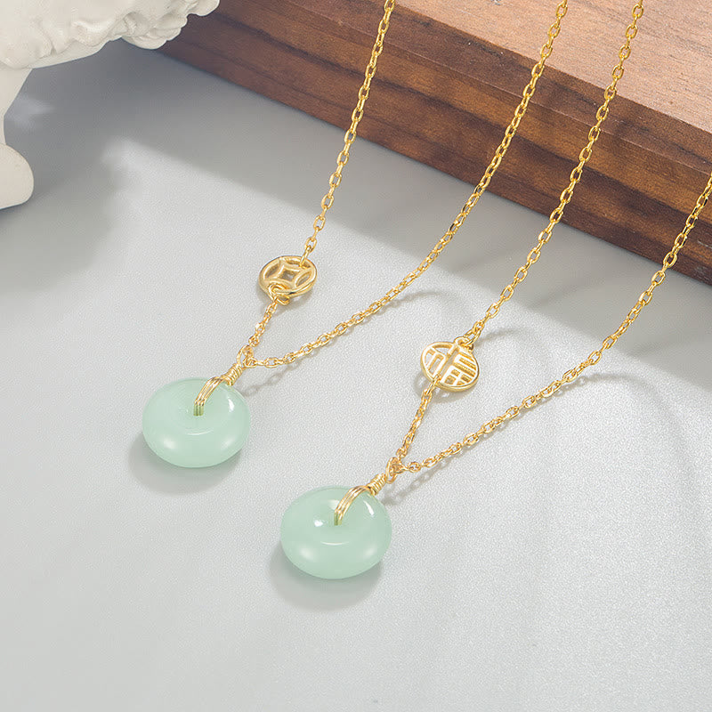 Wear FengShui Jade Fu Character Copper Coin Peace Buckle Abundance Necklace Pendant