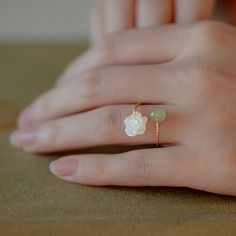 Wear FengShui 14K Gold Plated Tridacna Stone Rose Flower Jade Bead Blessing Ring