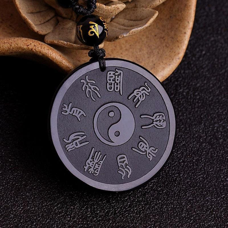 Wear FengShui Natural Black Obsidian Taoism Five Sacred Mountains Nine-Character Mantra Carved Strength Yin Yang Necklace Pendant Key Chain