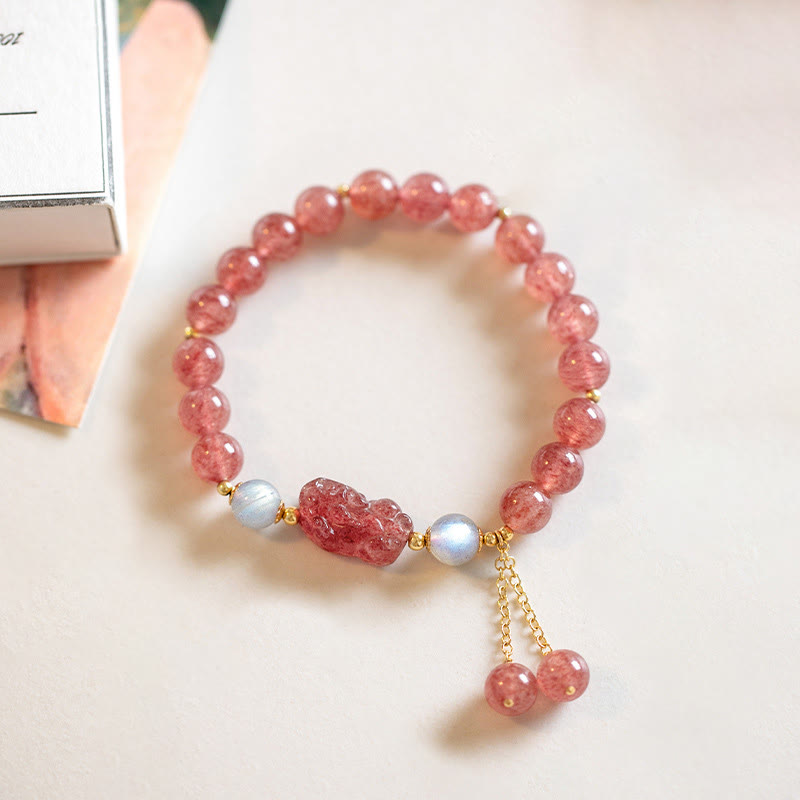 Wear FengShui Natural Strawberry Quartz Moonstone PiXiu Love Healing Bracelet