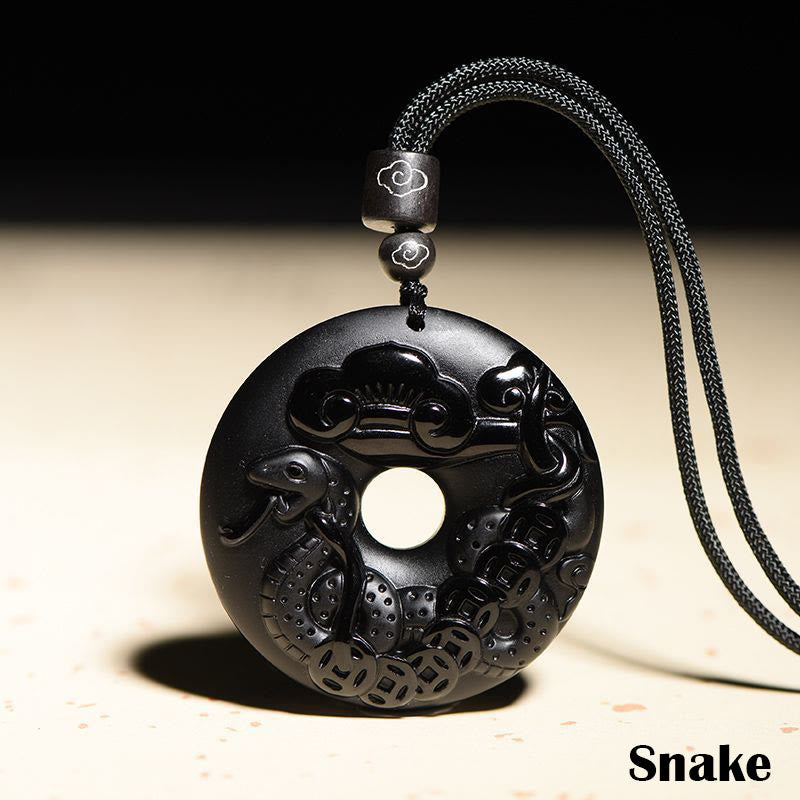 Wear FengShui Chinese Zodiac Natural Black Obsidian Peace Buckle Strength Necklace Pendant