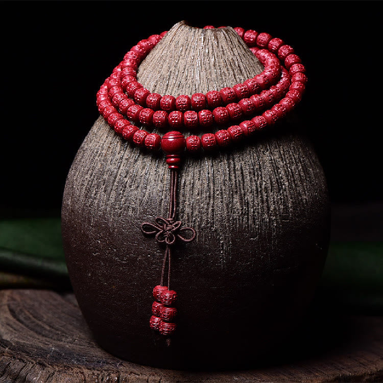Wear FengShui 108 Mala Beads Cinnabar Om Mani Padme Hum Pattern Engraved Blessing Bracelet