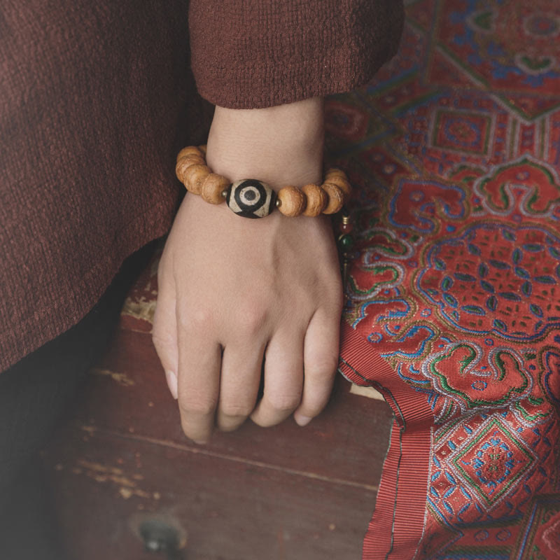 Wear FengShui Tibet Bodhi Seed Dzi Bead Peace Charm Wrist Mala Bracelet