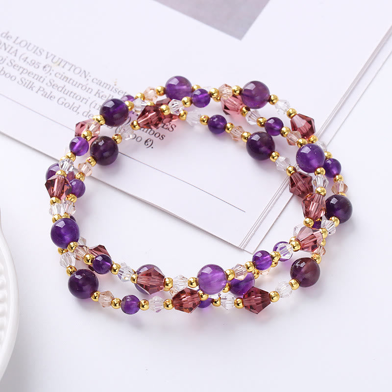 Wear FengShui Natural Tourmaline Strawberry Quartz Amethyst Peace Wisdom Double Wrap Bracelet