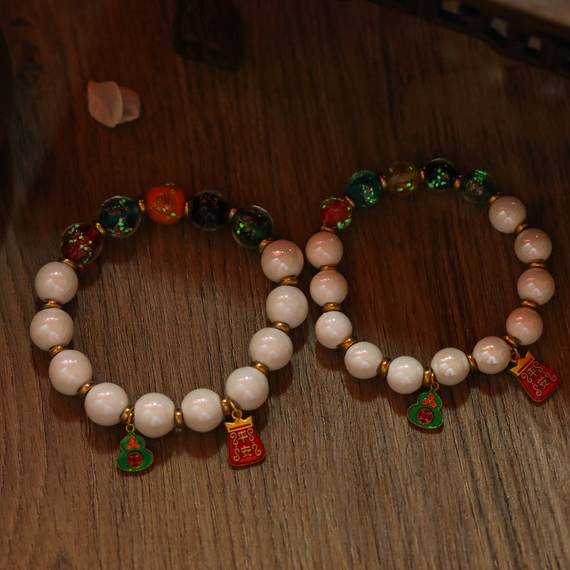 Wear FengShui Tibetan Incense Ash Porcelain Luminous Fluorescent Liuli Glass Bead Gourd Copper Coin Charm Peace Bracelet