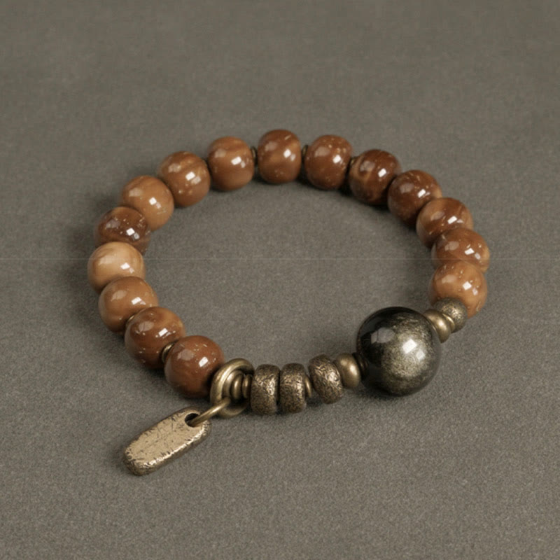 Wear FengShui Kuka Seed Tiger Eye Gold Sheen Obsidian Brass Copper Wealth Luck Bracelet