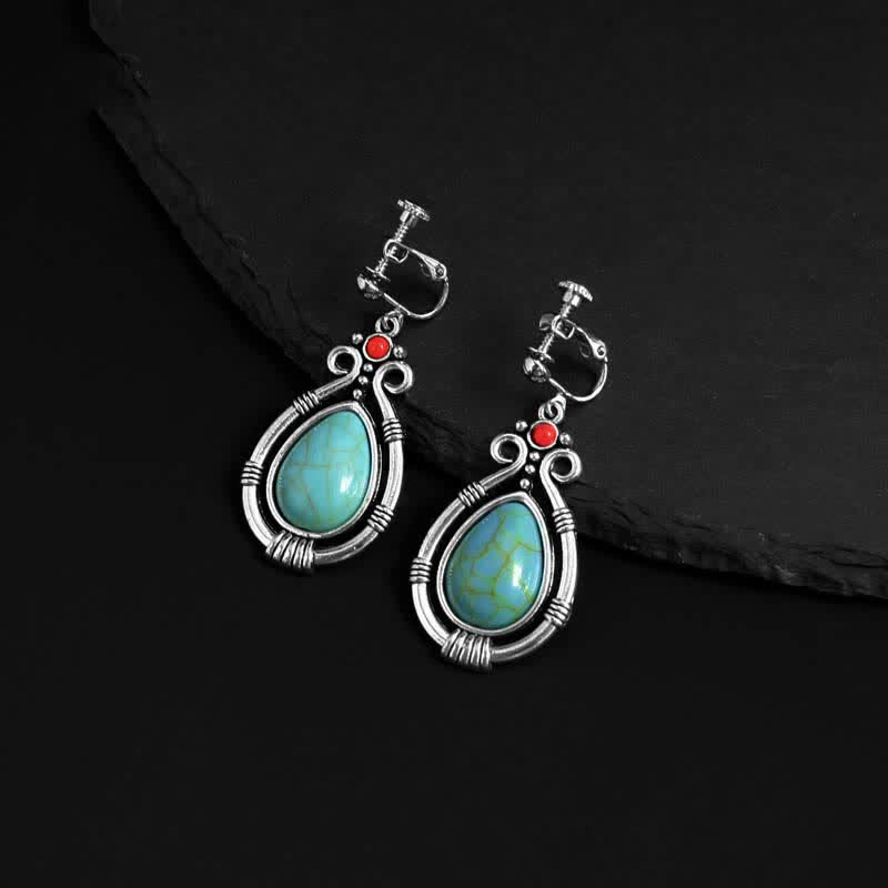 Wear FengShui Tibet Vintage Turquoise Waterdrop Strength Drop Dangle Earrings Clips