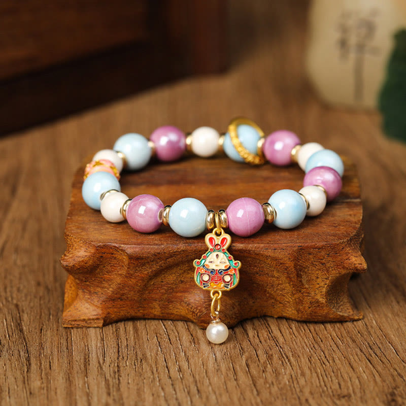 Wear FengShui Tibetan Zakiram Goddess of Wealth Rabbit Lion Head Charm Liuli Glass Incense Ash Porcelain Bead Protection Bracelet