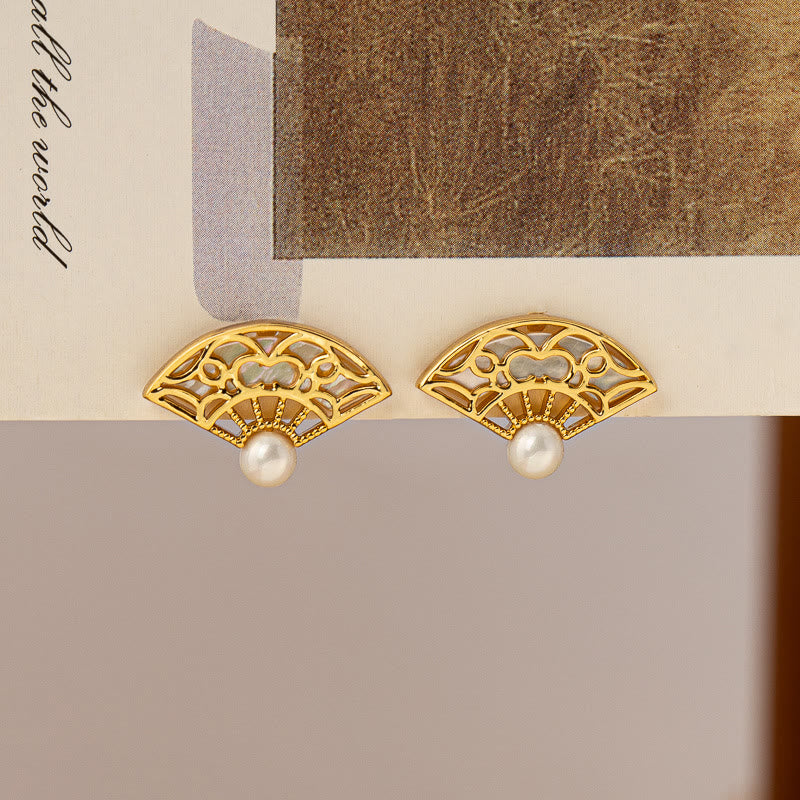 Wear FengShui 925 Sterling Silver Posts Fan Pattern Pearl Copper Wisdom Stud Drop Earrings