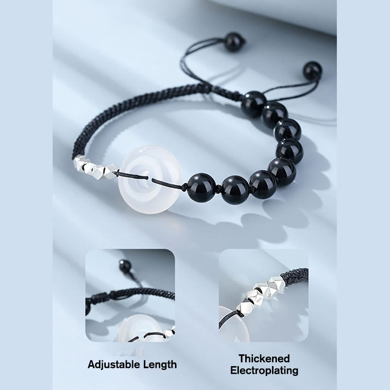 Wear FengShui 925 Sterling Silver Black Obsidian Agate Peace Buckle Strength Bracelet
