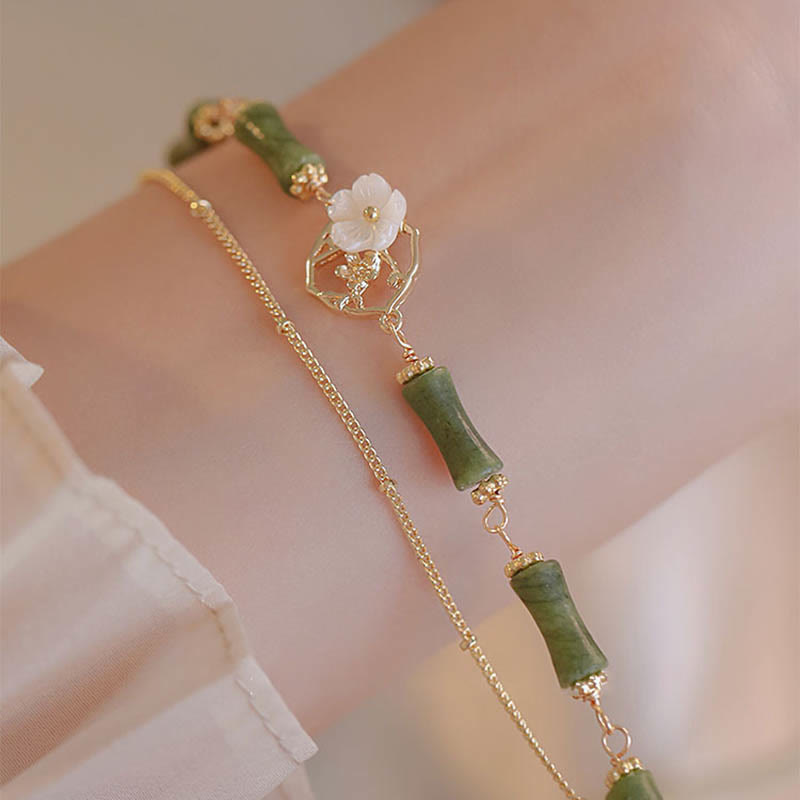 Wear FengShui 14k Gold Plated Copper Peridot Bamboo Flower Wealth Double Layer Bracelet
