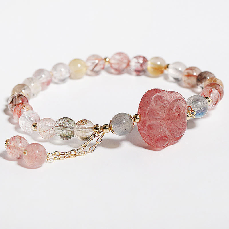 Wear FengShui Natural Strawberry Quartz Cat Paw Claw Colorful Rutilated Quartz Moonstone Love Bracelet