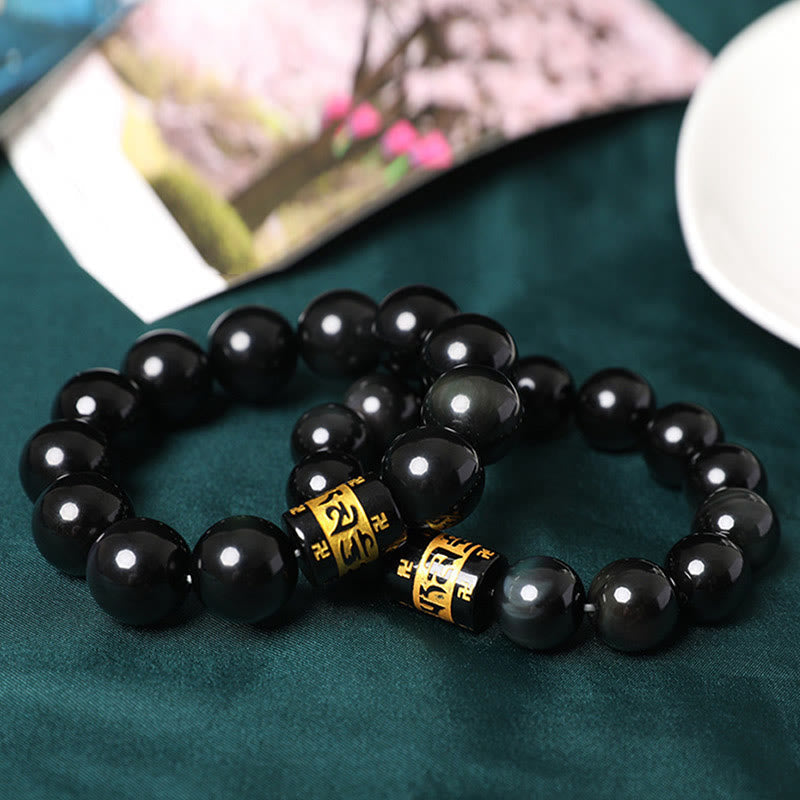 Wear FengShui Rainbow Obsidian Om Mani Padme Hum Swastika Positive Bracelet