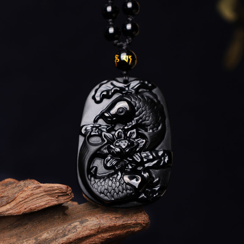 Wear FengShui Natural Black Obsidian Koi Fish Lotus Strength Beaded Necklace Pendant