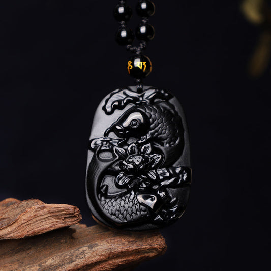Wear FengShui Natural Black Obsidian Koi Fish Lotus Strength Beaded Necklace Pendant