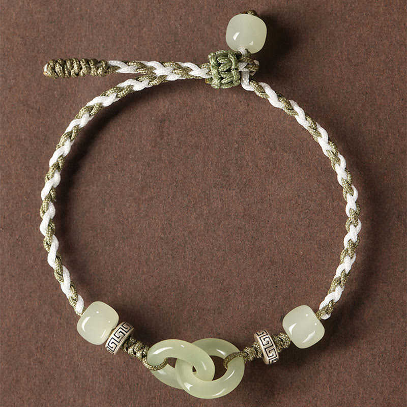 Wear FengShui Natural Hetian Jade Peace Buckle Luck Braided Bracelet