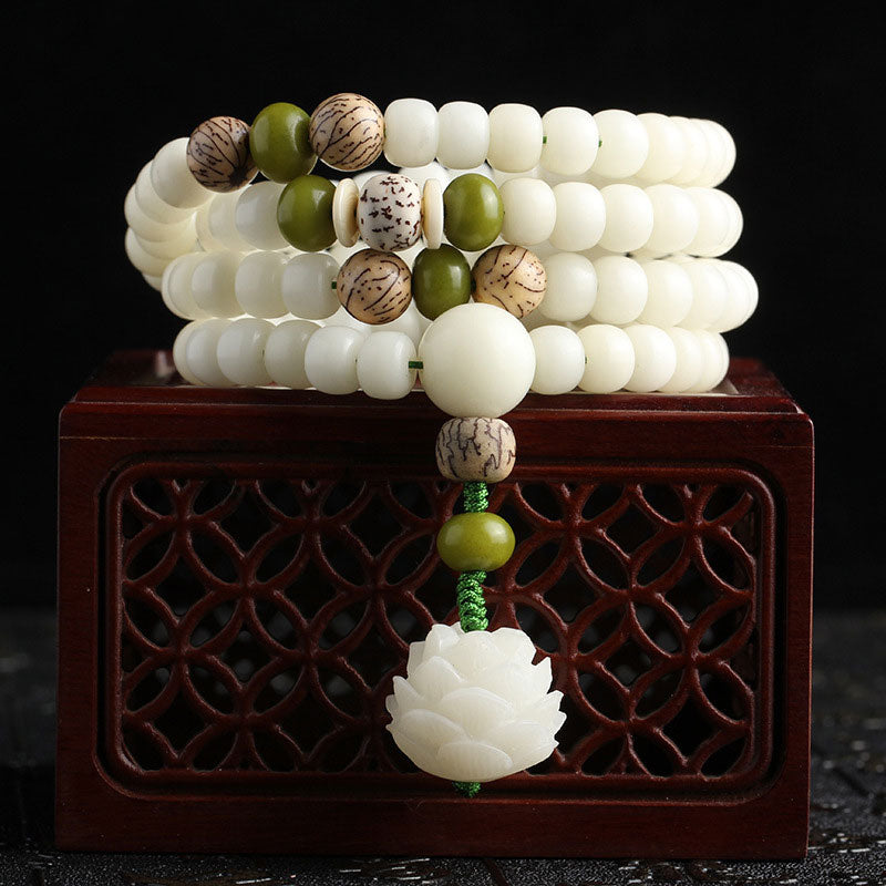 Wear FengShui White Jade Bodhi Lotus Mala Harmony Necklace Bracelet