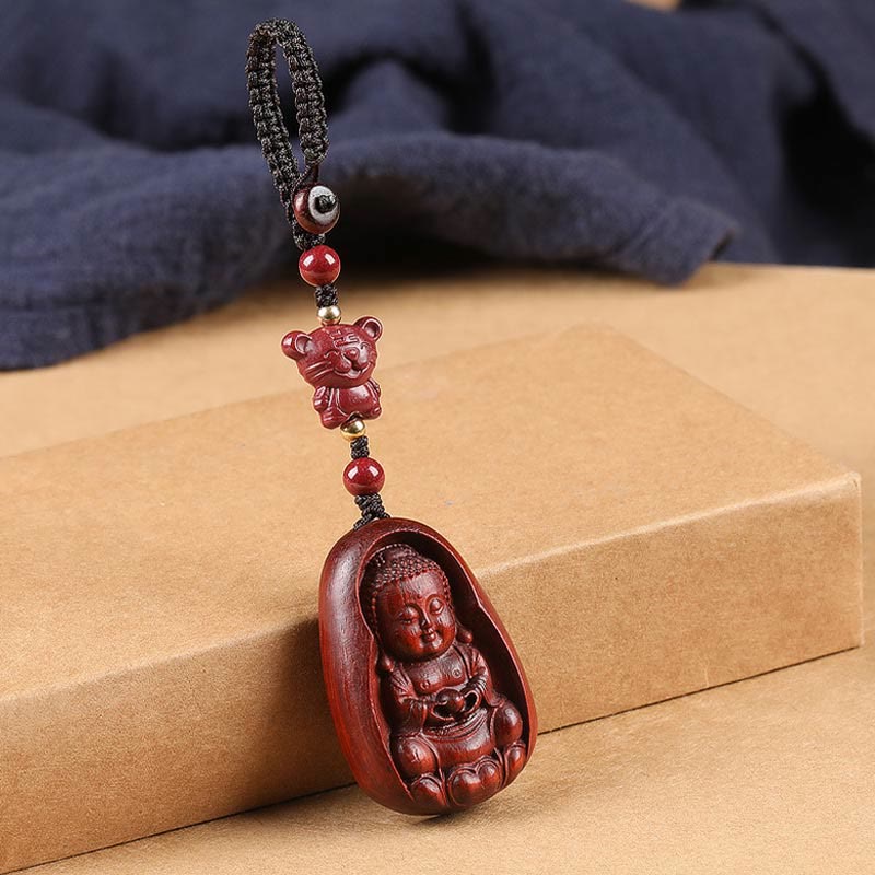 Wear FengShui Small Leaf Red Sandalwood Buddha Cinnabar Chinese Zodiac Amulet Protection Key Chain