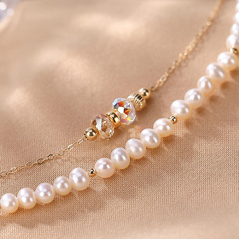 Wear FengShui 925 Sterling Silver Plated 14k Gold Natural Pearl Crystal Healing Double Layer Bracelet