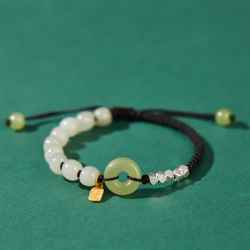 Wear FengShui 925 Sterling Silver Hetian Jade Peace Buckle Beaded Luck Happiness Charm Bracelet