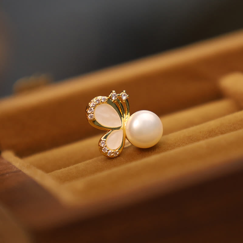 Wear FengShui 925 Sterling Silver Posts 18K Gold Plated Copper Natural Pearl Butterfly Zircon Healing Stud Earrings