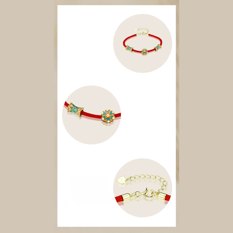 Wear FengShui Dunhuang 925 Sterling Silver Lotus Drum New Beginning Red Rope Bracelet