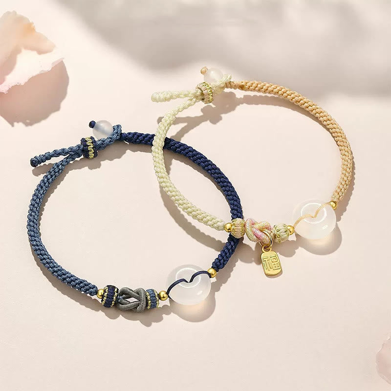 Wear FengShui Handmade White Agate Peace Buckle Luck Happiness Protection Weave String Bracelet