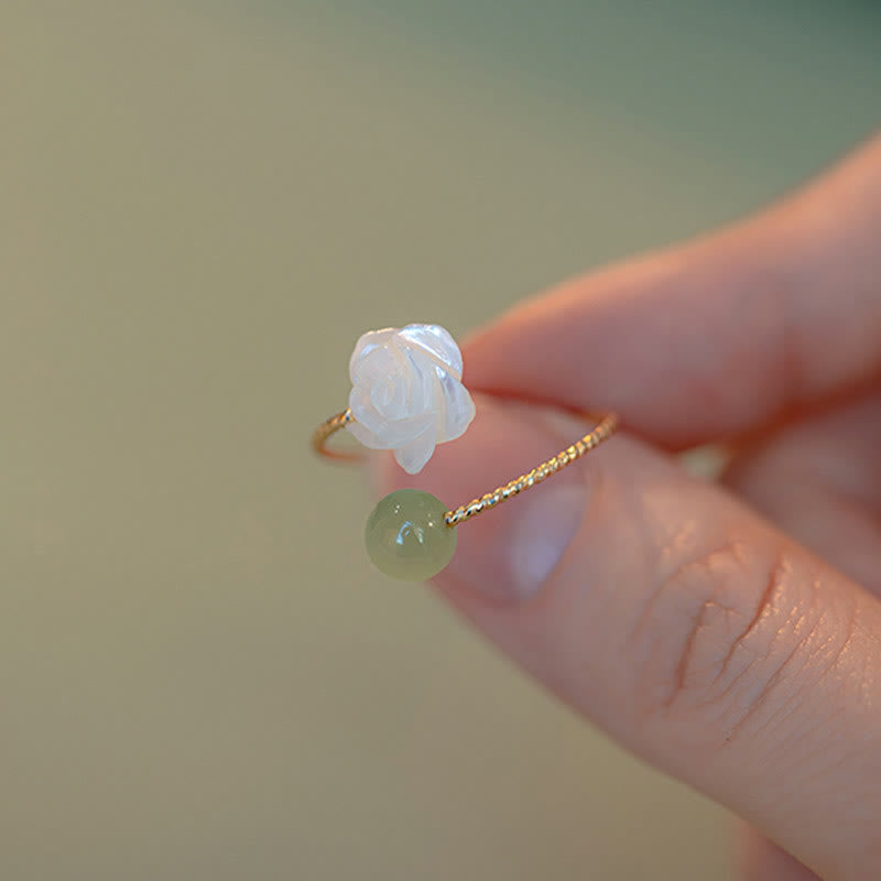 Wear FengShui 14K Gold Plated Tridacna Stone Rose Flower Jade Bead Blessing Ring