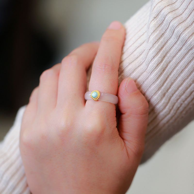 Wear FengShui White Agate Cyan Jade Turquoise Red Agate Luck Protection Ring