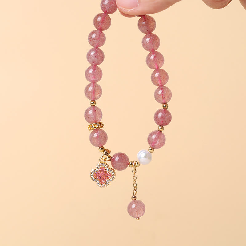 Wear FengShui Strawberry Quartz Pearl Four Leaf Clover Charm Healing Bracelet