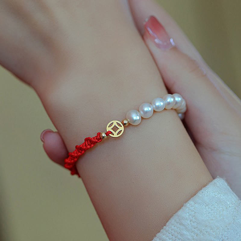 Wear FengShui 14K Gold Plated Pearl Bead Luck Protection Braid Red String Bracelet