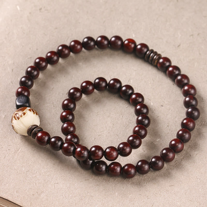Wear FengShui Small Leaf Red Sandalwood Lotus Bodhi Seed Carved Protection Double Wrap Bracelet