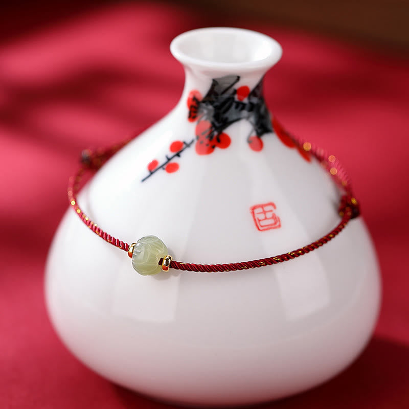 Wear FengShui 925 Sterling Silver Plated Gold Hetian Jade Lotus Luck Red String Bracelet