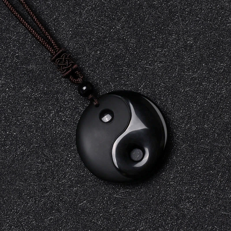 Wear FengShui Black Obsidian Taoism Five Sacred Mountains Nine-Character Mantra Carved Purification Yin Yang Necklace Pendant