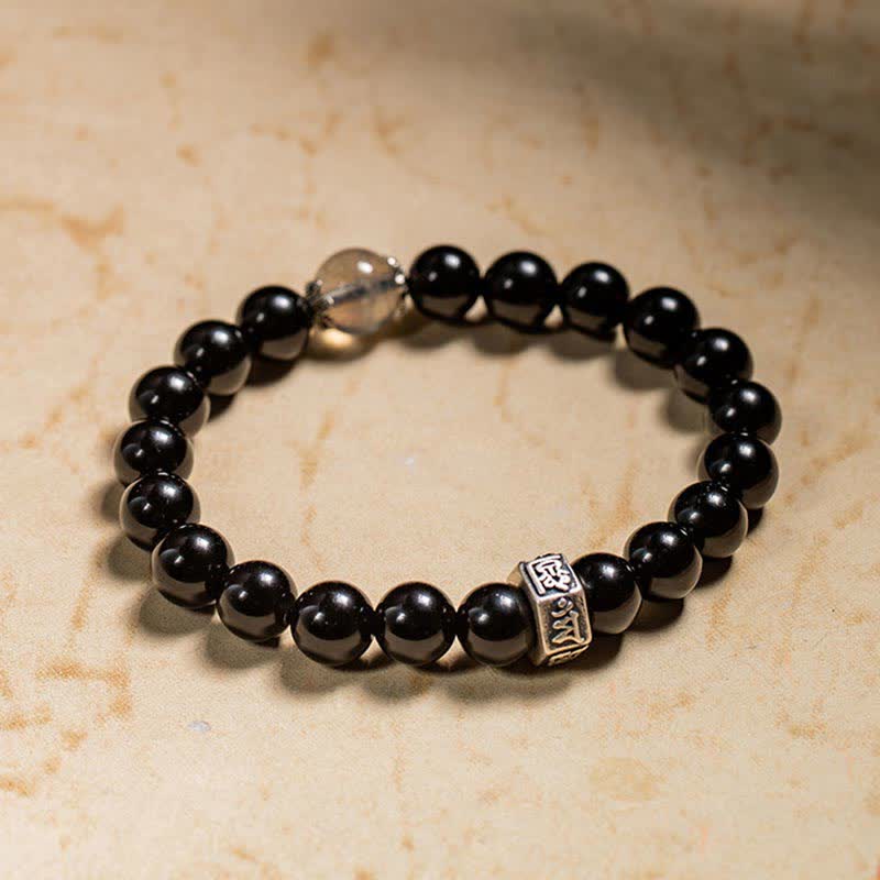 Wear FengShui Chinese Zodiac Natal Buddha 925 Sterling Silver Black Obsidian Moonstone Strength Bracelet