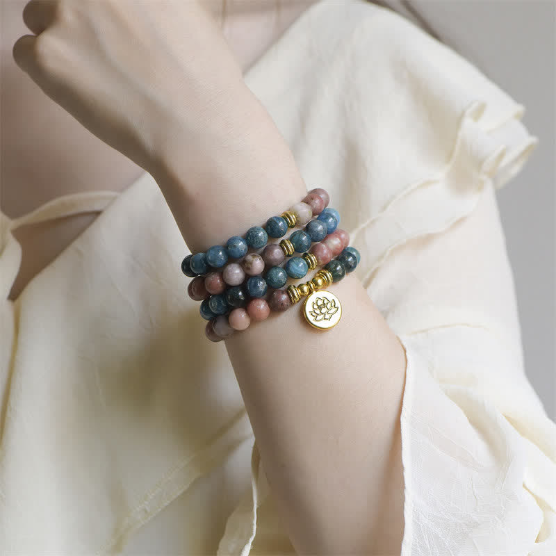 Wear FengShui Lazurite Picasso Jasper Amazonite Rhodonite Apatite Positive Lotus Prayer Bead Bracelet