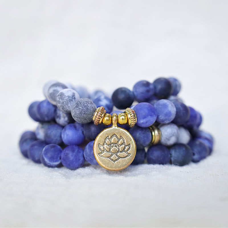 Wear FengShui 108 Natural Picasso Jasper & Blue Stone Mala Bead Lotus Pendant Bracelet