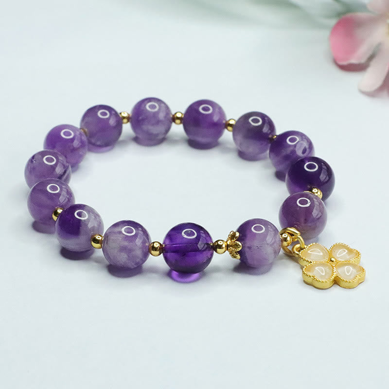 Wear FengShui Natural Amethyst Crystal Inner Peace Four Leaf Clover Charm Bracelet