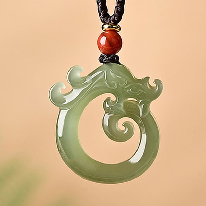 Wear FengShui White Jade Cyan Jade Dragon Protection Necklace String Pendant