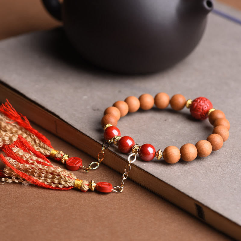 Wear FengShui Tibetan Natural Peach Wood Cinnabar PiXiu Wealth Tassels Bracelet