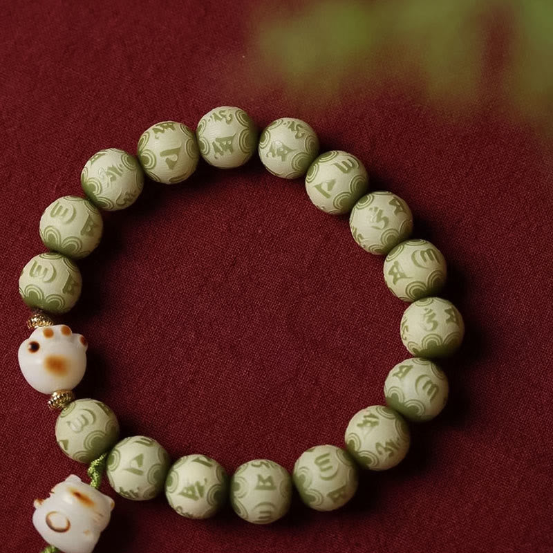 Wear FengShui Green Bodhi Seed Cat Paw Om Mani Padme Hum Engraved Wisdom Bracelet