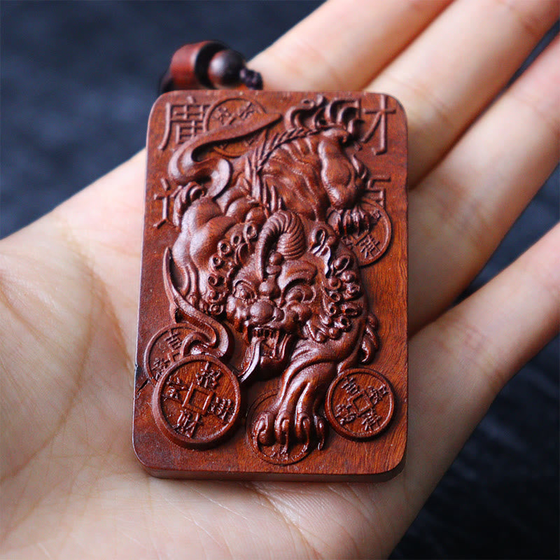 Wear FengShui Natural Lightning Struck Jujube Wood PiXiu Copper Coin Good Fortune Necklace Pendant