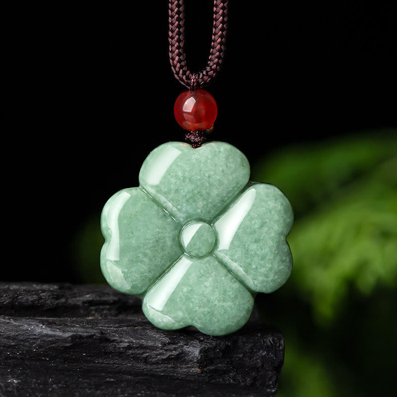 Wear FengShui Natural Lucky Four Leaf Clover Jade Prosperity Necklace Pendant