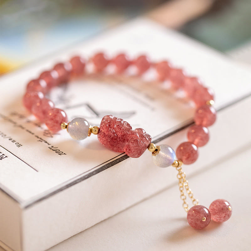 Wear FengShui Natural Strawberry Quartz Moonstone PiXiu Love Healing Bracelet