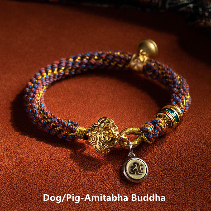Wear FengShui 925 Sterling Silver Chinese Zodiac Natal Buddha Om Mani Padme Hum Luck Bell Braided String Bracelet