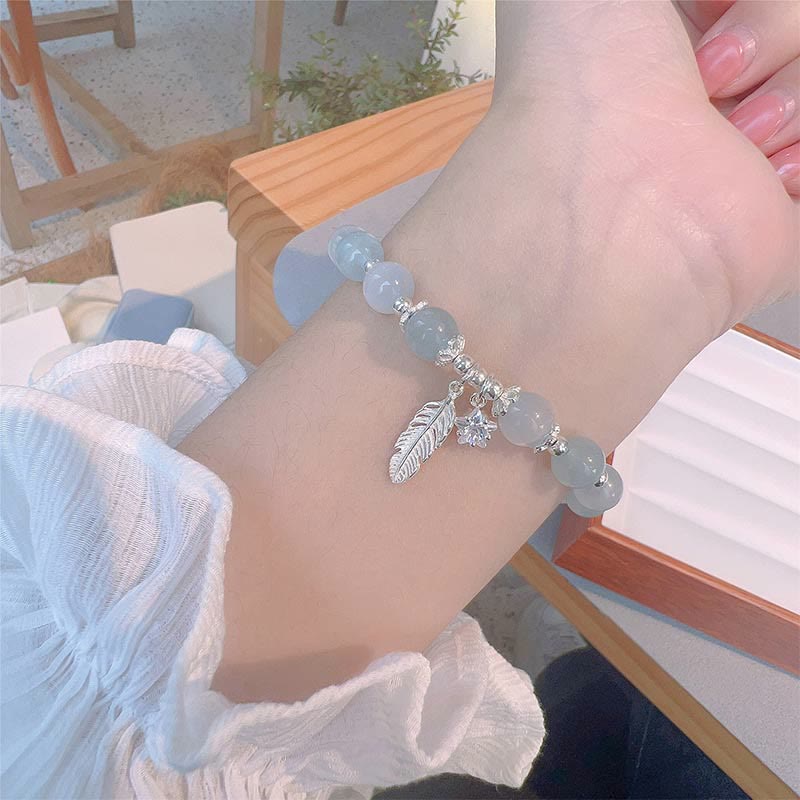 Wear FengShui 925 Sterling Silver Aquamarine Cat's Eye Healing Feather Star Charm Bracelet