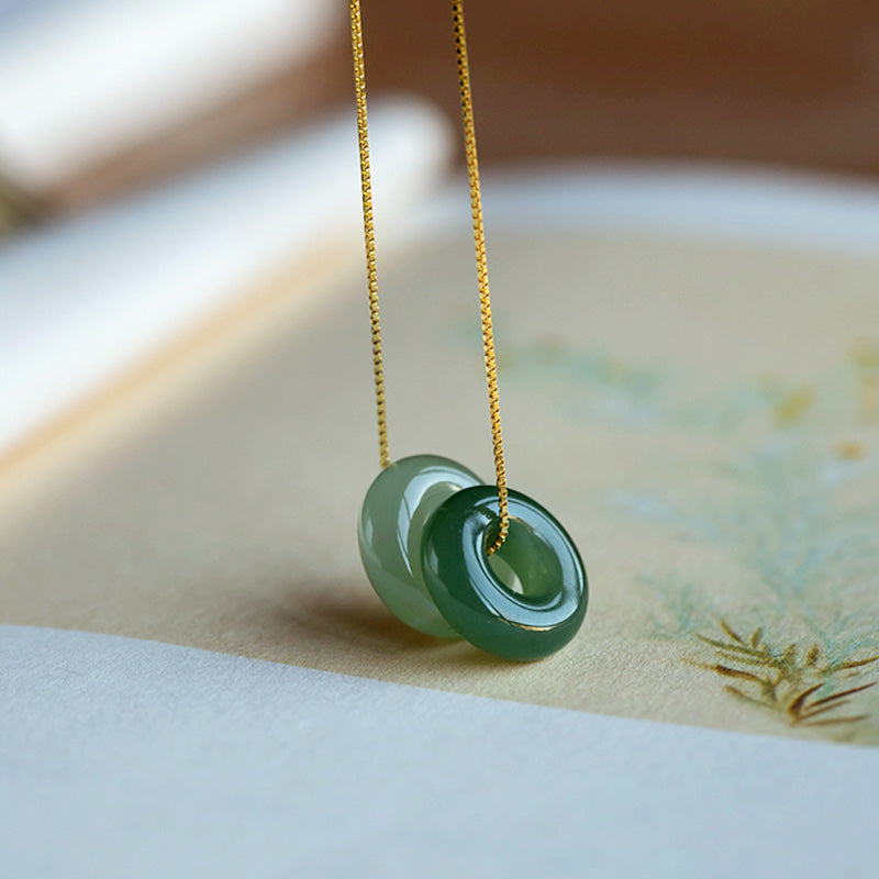 Wear FengShui Natural Round Jade Peace Buckle Luck Abundance Necklace Pendant
