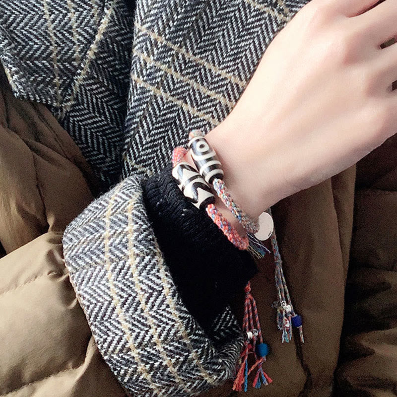 Wear FengShui Tibetan 925 Sterling Silver Om Mani Padme Hum Handmade Dzi Bead Protection Braid Bracelet