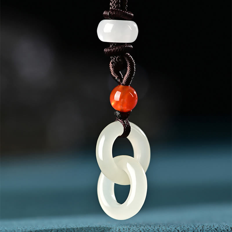 Wear FengShui Natural Hetian Cyan Jade White Jade Double Peace Buckle Success Necklace Pendant